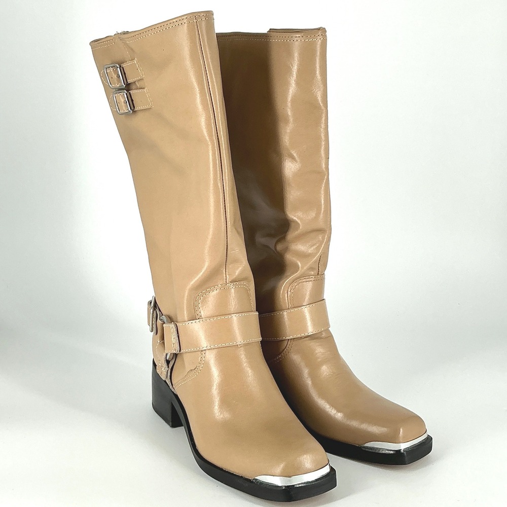 Dolce Vita Size 7.5 Tan Leather Moto Harness Boots NEW Metal Toe Tip Evi $140